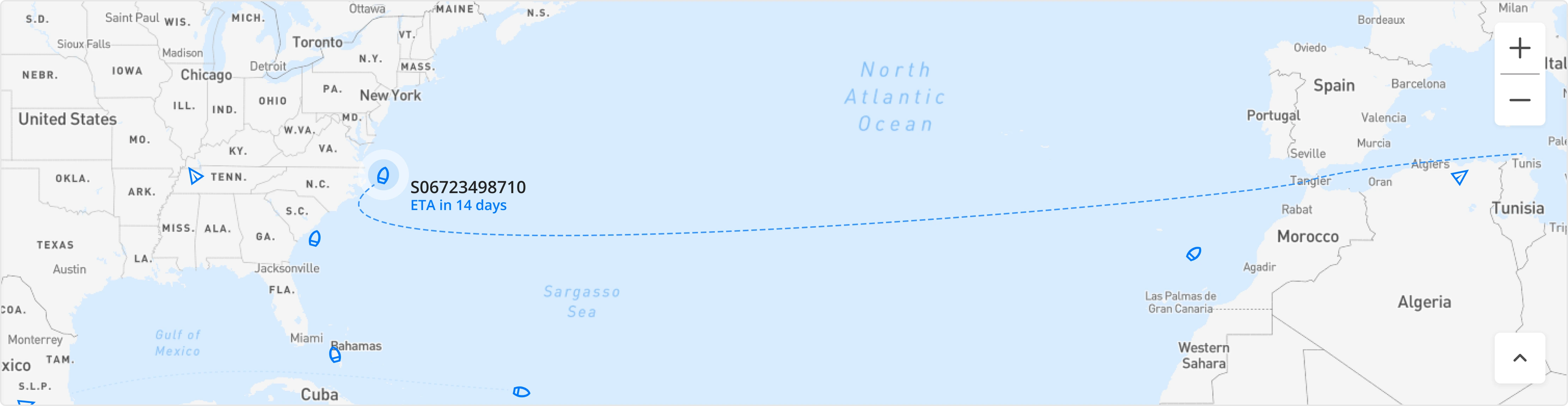 Vessel positions on a world map with an ETA callout for a tracked shipment
